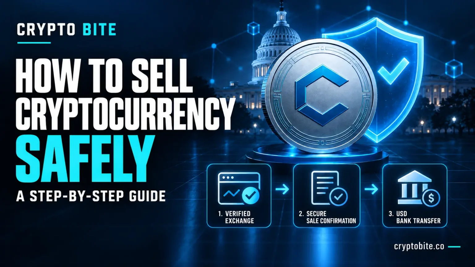 Secure cryptocurrency selling process with exchange, identity verification, order selection, USD withdrawal, tax records, and scam protection