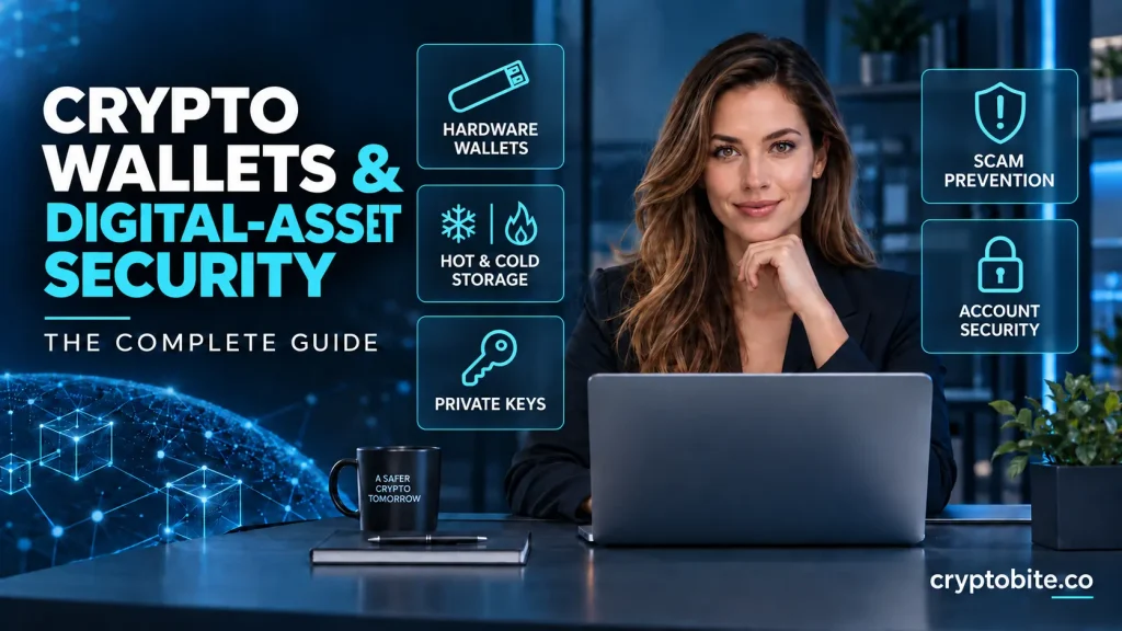 Crypto wallets and digital-asset security guide explaining hardware wallets, private keys, custody, and scam prevention